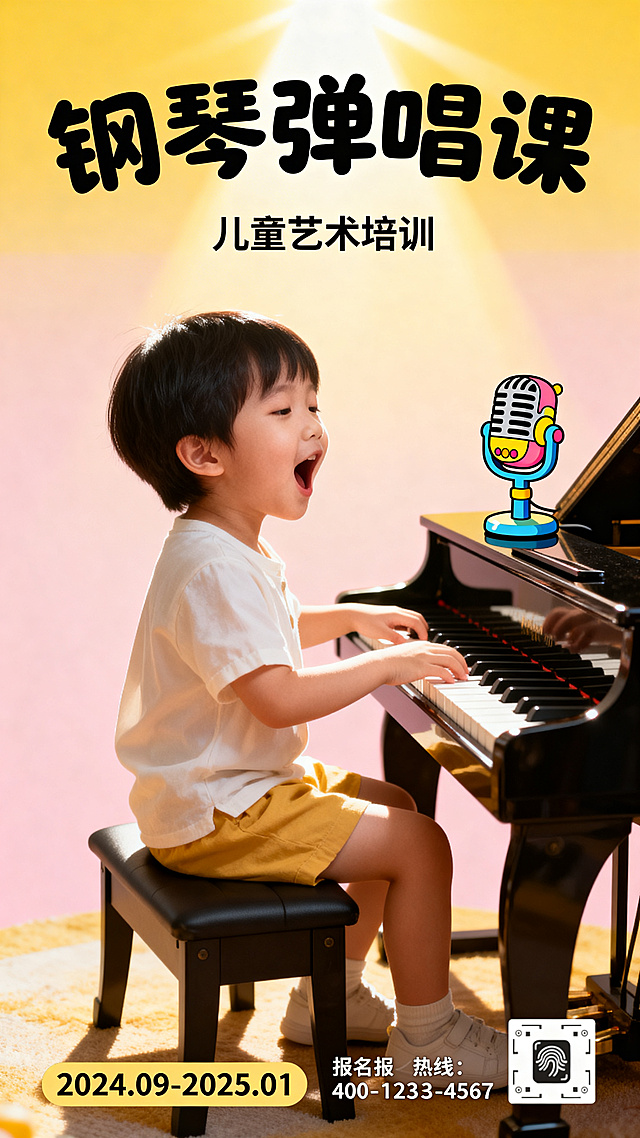 钢琴弹唱课招生海报，画面主体是一个5-8岁小孩坐在钢琴前边弹边唱，钢琴旁摆放着麦克风，整体风格高级活泼明亮，适合儿童艺术培训宣传，构图饱满，视觉冲击力强