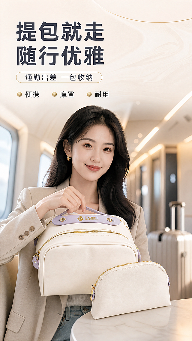 [商品] 使用【图1】米白色子母包外观图：完整保留大包圆角外形、淡紫提手、金色双拉链、金木集团 JIMON GROUP logo、半圆子包，保留结构与颜色，只做光影融合与场景融入。
[画面] 人物场景页，便携随行场景：中国女性模特（东亚面孔、黑发、棕黑色眼睛、自然妆感、日常通勤穿搭），肩线以上入镜，右手提起米白子母包提手置于身前，站在明亮现代酒店走廊或高铁车厢内，背景虚化行李与灯光；产品清晰占画面55%，与人物同框，姿态自然。
[视觉] 套系策略：风格=轻奢摩登商业摄影；标题字=现代无衬线粗体；正文字=简洁无衬线体；主色=奶油白；背景延展=米白到浅燕麦的同色渐变与大理石细腻质感；强调色=香槟金，仅用于细线、圆点与标签；标题色=深灰蓝；正文色=暖灰；组件=圆角浅底信息卡、细金线引线；光影=左前侧柔光与暖自然光。
[文字] 主标题两行大字"提包就走 随行优雅"；副标题"通勤出差 一包收纳"；底部三个关键词"便携""摩登""耐用"配金色圆点；文字放画面上方留白处不遮挡人物面部与产品；全部横排不竖排，无逗号。
[规格] 图片比例9:16竖版，4K，避免变形、错字、文字过小、冷蓝背景、多余手指、肢体穿模、产品颜色改变、水印、平台Logo。