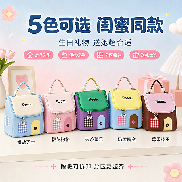 [主图-5] 主题：5色可选 多色展示 闺蜜同款 生日礼物首选。
[统一基调] 淘宝/天猫1:1主图，清新甜美多巴胺家居风，整体明亮干净，背景以浅蓝渐变和奶白色为主，点缀柔和粉色与浅黄装饰；主标题用粗圆体深蓝色字，副标题用中灰蓝色细圆体，卖点标签用粉色圆角胶囊底配白色字；图标为简约线性粉色图标；整体传递萌趣、整洁、高品质感。
[画面] 五款不同颜色的房子造型手提化妆包整齐排列展示，呈扇形或阶梯式排布，每款颜色和款式清晰可辨：1. 蓝白格纹款（海盐芝士风）、2. 粉白格纹款、3. 紫绿拼色款（抹茶莓果）、4. 黄蓝拼色款、5. 棕粉拼色款（莓果榛子）。每个包都是房子造型，翻盖印有黑色"Room."字样，配有对应色系的双绳手提带和白色圆珠装饰。五款包大小一致，并排陈列在奶白色台面上，背景是柔和的浅蓝到粉色渐变。每个包下方或旁边标注颜色名称，文字清晰。
[光影质感] 商业摄影质感，均匀柔和的正面光，每个包都受光均匀，正面细节清晰，底部有自然接触阴影，PU材质细腻有光泽，格纹和拼色边界清晰，整体干净明亮。
[配色] 主背景浅蓝到浅粉渐变+奶白台面；主标题深蓝色；副标题中灰蓝；色号名称深灰色；点缀色多彩（对应各款包色）。
[文字版式] 顶部主标题两行居中：第一行"5色可选 闺蜜同款"，粗圆体深蓝色，字号最大；第二行"生日礼物 送她超合适"，细圆体中灰蓝，字号约为主标题50%。下方五款包横向排列，每款包下方对应标注颜色名称，如"海盐芝士"、"樱花粉格"、"抹茶莓果"、"奶黄晴空"、"莓果榛子"，文字为深灰色中圆体。底部可加一行小字："隔板可拆卸 分区更整齐"，细圆体中灰蓝。文字均不遮挡产品主体。
[输出要求] 1:1正方形，2048px，五款包都清晰完整，颜色准确，文字标注清楚；禁止变形、错色、错字、模糊、水印、平台Logo、SKU字样。