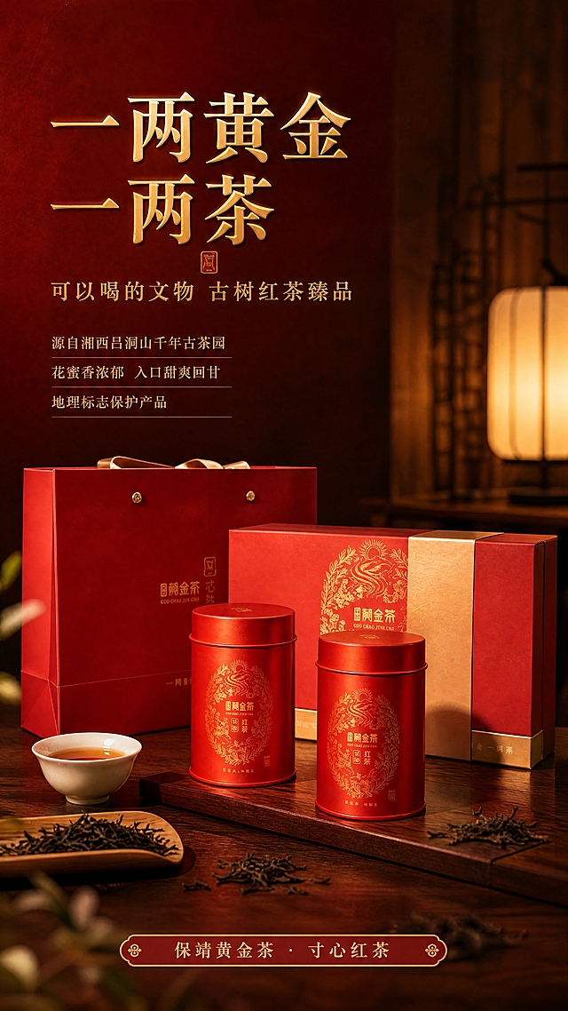 [第1张] 详情页头图-保靖黄金茶·寸心红茶主视觉海报。本张使用【图6】作为产品礼盒主体，【图2】作为茶汤氛围点缀。
[氛围/风格] 东方雅致高级感，新中式茶系美学，深红金棕主色调，温润有底蕴，商业摄影质感。
[元素布局] 红色礼盒与两罐红茶置于画面中下偏右，占比约55%；左侧及上方留标题区；前景散落少许干茶叶，背景为深木色茶席与虚化的中式灯笼暖光；产品包装结构、红色罐体、金色纹样与输入图一致。
[光影质感] 右上方暖光主照明，左下方辅光提亮暗部，礼盒表面有柔和高光，整体温暖通透，茶系氛围感强。
[配色色系] 全局底色 #8B1A1A 深红渐变；主色正红+金色；辅助色深木棕、暖米白。
[视角构图] 正面微仰视，产品为视觉中心，阅读动线左上标题 → 中部产品 → 底部卖点条。
[文字版式] 左上标题区：主标题「一两黄金一两茶」大号宋体烫金效果，副标题「可以喝的文物 古树红茶臻品」金色小字；标题下方三行卖点短句：「源自湘西吕洞山千年古茶园」「花蜜香浓郁 入口甜爽回甘」「地理标志保护产品」；底部横条标注「保靖黄金茶·寸心红茶」。文字不遮挡礼盒主体。
[比例分辨率] 9:16竖版，4K分辨率，文字清晰可辨，高清画质。
[负向提示词] 包装变形，罐体比例失调，金色纹样错乱，文字模糊，水印，背景杂乱，颜色偏差。