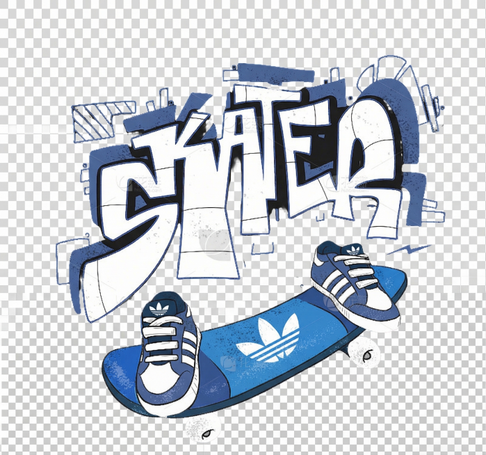 将滑板改为adidas三叶草蓝色系，把滑板中的LOGO替换为adidas三叶草LOGO，将滑板中的鞋子换成adidas三叶草板鞋，保持整体画面为手绘质感，设置画面底色为透明镂空预览效果
