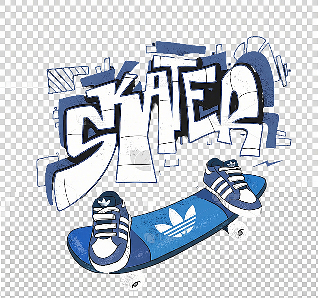 将滑板改为adidas三叶草蓝色系，把滑板中的LOGO替换为adidas三叶草LOGO，将滑板中的鞋子换成adidas三叶草板鞋，保持整体画面为手绘质感，设置画面底色为透明镂空