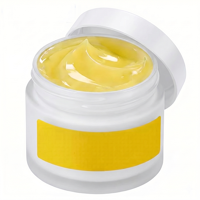 将深蓝色的瓶子瓶身整体更换为纯白色磨砂质感，保持膏体和黄色标签不变，保留原产品形态构图和纯白背景，确保颜色过渡自然、质感统一