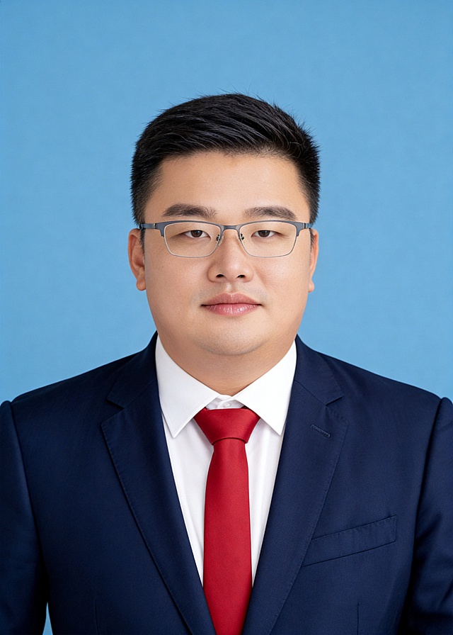 生成标准样式的证件照:参考第一张图保留人物脸型､年龄､发型特征;参考第二张图的人物占位和比例;标准焦段50mm,纯正面胸像,提亮肤色,消除暗沉,轻度美颜,清透裸妆,隐形毛孔,均匀肤色,唇色自然提亮;头部发型完整,肤色白皙细腻,纯正面,头顶至上边缘有5%的距离,入境范围头部至胸部以上区域;人物居中,头顶距上边缘约10%,下巴距下边缘约30%,肩部平展,人物占比约画面的70%;均匀柔光,面部明亮无硬影,背景均匀提亮,画质清晰,零噪点降噪;表情自然,嘴角微微上扬,面部清晰(脸部无遮挡);去除人物之外的所有元素,外穿高级深蓝色西装,内搭白色翻领长袖衬衫,搭配红色领带;简约哑光蓝色纯色背景,(呈现均匀柔和质感),肤质呈现匀净哑光质感(自然白皙);轻透裸妆+重点提亮;唇色润泽(半哑光);背景光线均匀,明暗过渡柔和,强化色彩对比的高级感｡极简干净,严格按照第一张图内容生成｡