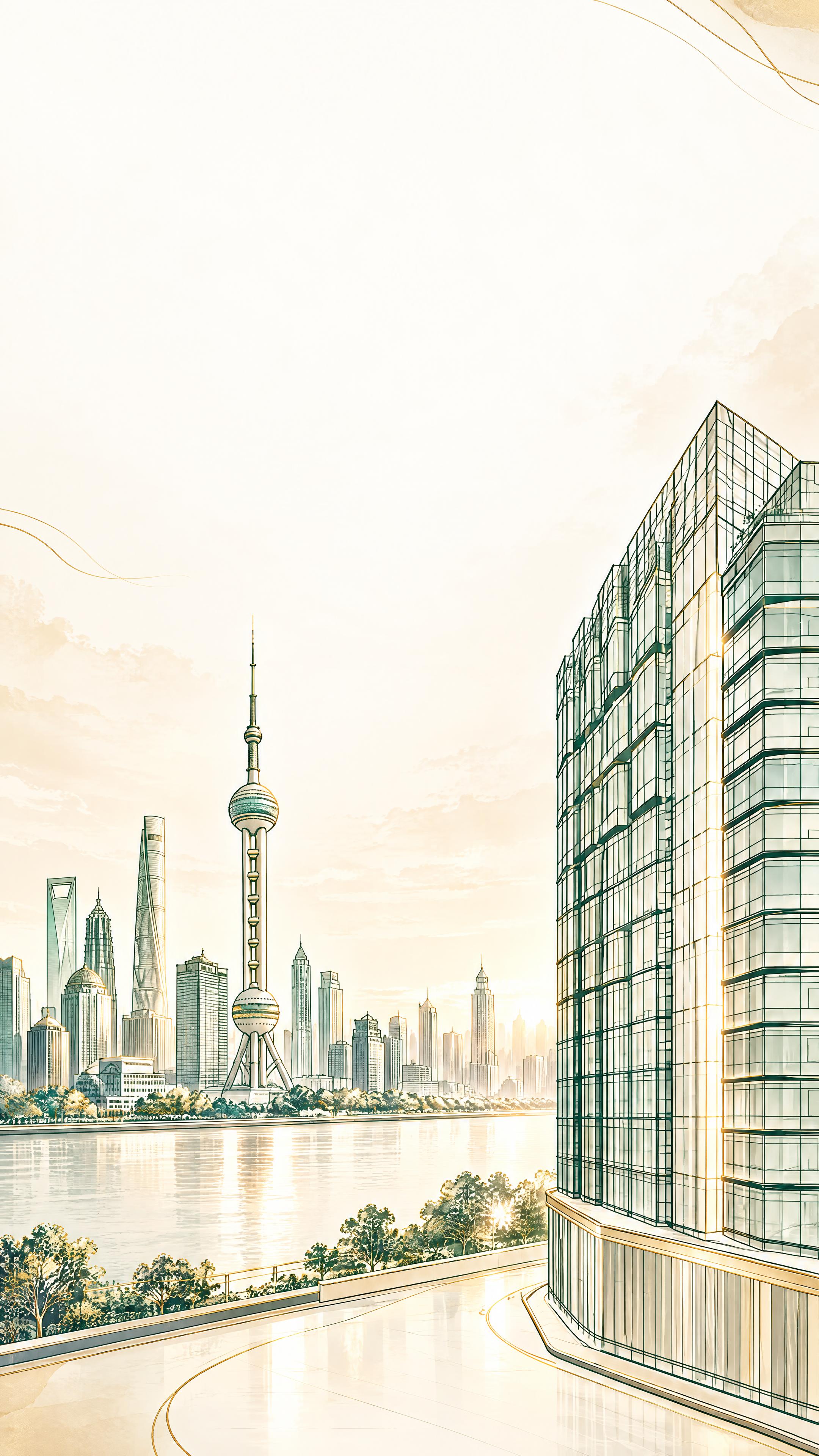 以参考图的上海陆家嘴城市天际线线稿插画为基础，设计一张奢华酒店… - 图片创意预览