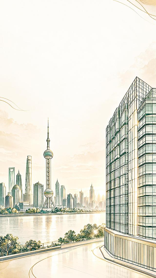 以参考图的上海陆家嘴城市天际线线稿插画为基础，设计一张奢华酒店14周年店庆海报背景。竖版9:16。仅保留背景画面，不含任何文字、数字、LOGO或水印。风格提升为高端大气：墨绿色建筑线稿结合细腻金色线条点缀，白色与香槟金渐变背景，城市天际线层次丰富，前景江面与滨水步道留白，营造通透优雅的呼吸感。顶部预留大片干净留白空间便于后期排版，整体氛围奢华、大气、有设计感，现代极简与东方美学结合，4K高清画质。