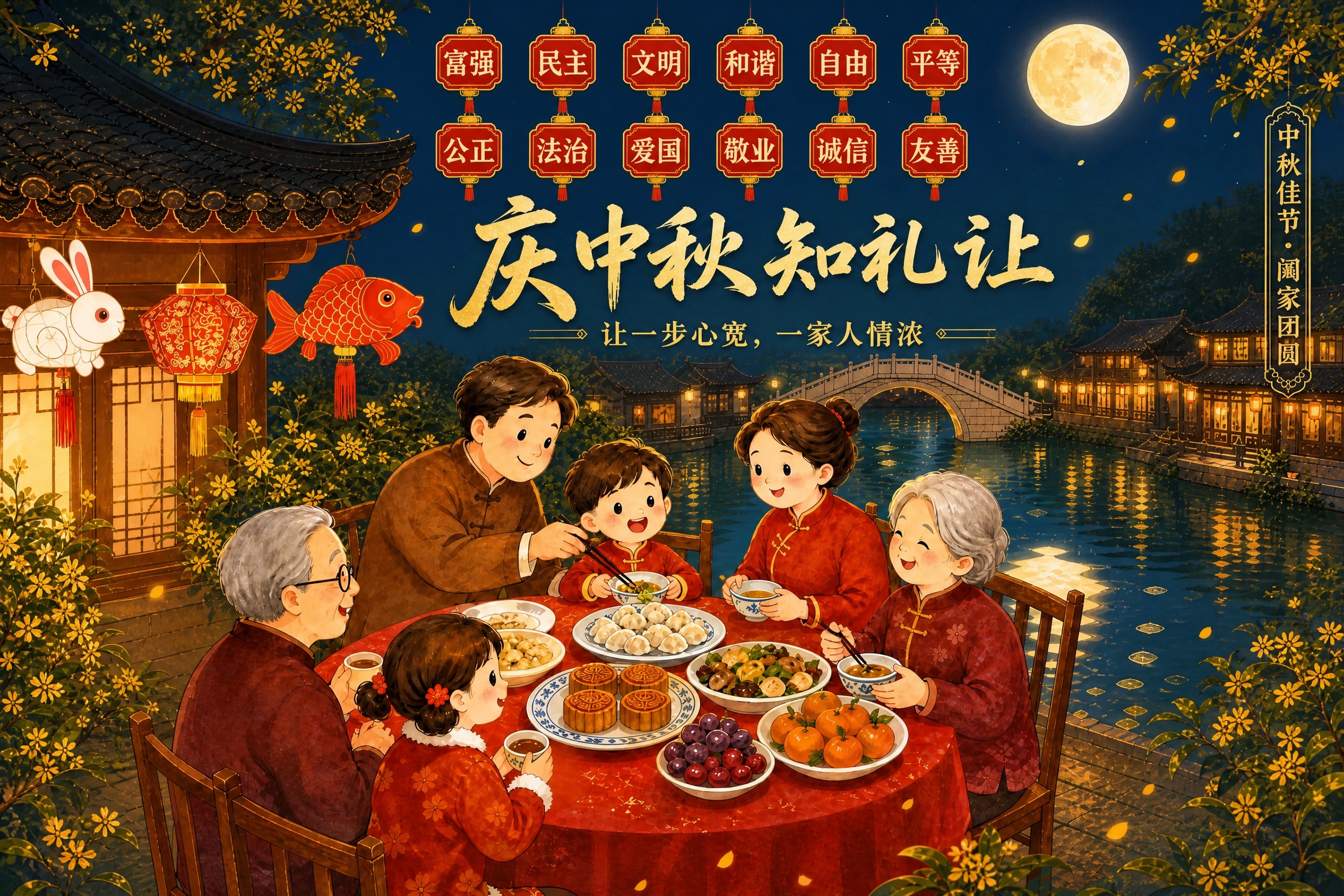 基于这张中秋海报进行修改调整： 1. 将12个红色灯笼形状的核… - 图片创意预览