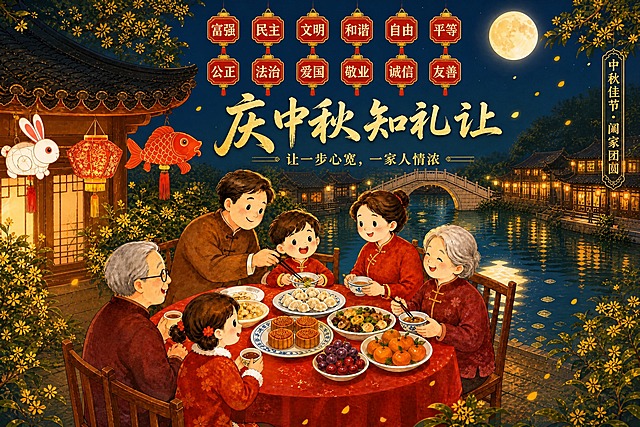 基于这张中秋海报进行修改调整：
1. 将12个红色灯笼形状的核心价值观标签全部移到画面最顶部（天空区域），排成整齐的两排，每排6个，横向均匀分布，标签尺寸适当缩小，更加精致小巧
2. 12个标签内容分别为："富强"、"民主"、"文明"、"和谐"、"自由"、"平等"、"公正"、"法治"、"爱国"、"敬业"、"诚信"、"友善"
3. 将主标题"庆中秋知礼让"整体向下移动，放在12个标签下方的合适位置，标题大小保持醒目
4. 副标题"让一步心宽，一家人情浓"跟随主标题一起下移，保持在主标题正下方
5. 右侧竖排的"中秋佳节·阖家团圆"文字保留，位置适当调整
6. 移除右侧竖排分布的那些标签，所有标签统一集中在顶部
7. 保持整体国风手绘风格不变，月亮、建筑、人物、水景等其他元素保持原样
8. 画面布局协调美观，顶部标签区与下方主视觉区分明