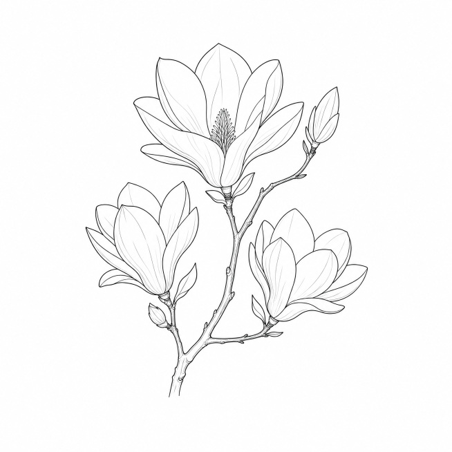 木兰线稿图，简约线条绘制玉兰花，黑白线描花卉素描图案，用于包装设计装饰元素，清晰干净线条，纯白色背景预览效果