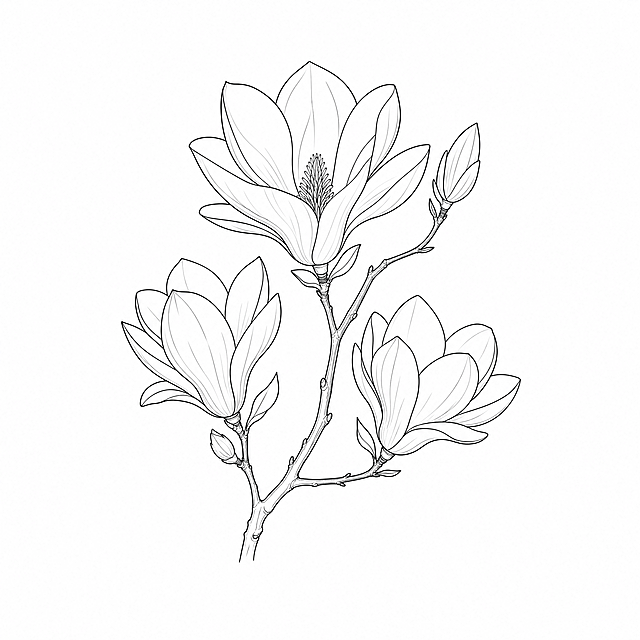 木兰线稿图，简约线条绘制玉兰花，黑白线描花卉素描图案，用于包装设计装饰元素，清晰干净线条，纯白色背景