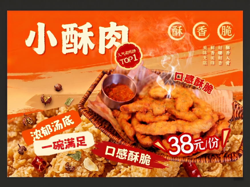 将底部背景更换为更贴合小酥肉的油炸酥脆美食纹理背景，保持海报整体橙黄色暖调风格，保留所有正确文字和产品主体，保持A3横版尺寸预览效果