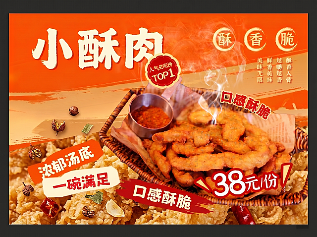 将底部背景更换为更贴合小酥肉的油炸酥脆美食纹理背景，保持海报整体橙黄色暖调风格，保留所有正确文字和产品主体，保持A3横版尺寸