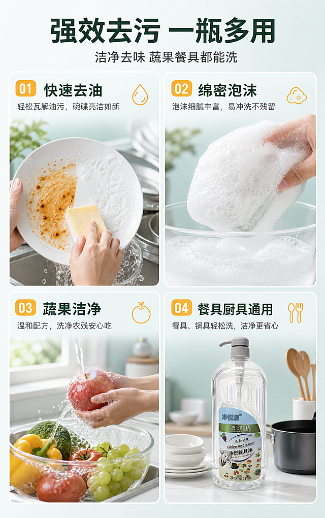 [商品] 使用【图1】净悦熊洗洁精透明瓶装（灰泵头）；保留瓶身结构、透明材质、灰泵头、标签文字与图案；四宫格中产品局部或使用场景结合。
[画面] 目标：功能卖点拆解，展示强效去污与多用途。构图：2×2四宫格拼图，每格一个功能点；左上格=油污碗碟变干净演示，右上格=丰富泡沫特写，左下格=洗蔬菜水果场景，右下格=产品瓶身+餐具厨具；阅读动线从左上到右下Z字形。
[视觉] 套系策略：风格=干净高级生活种草风，厨房自然光感商业摄影；标题字=现代黑体粗体；正文字=简洁无衬线黑体；主色=清新浅蓝绿；背景延展=每格浅蓝绿渐变底+厨房台面元素，统一色系不同深浅；强调色=暖橙黄，仅用于小面积编号和图标；标题色=深墨绿；正文色=中灰；组件=编号圆角卡、小图标、分割细线；光影=每格统一左前侧柔光。
[文字] 顶部主标题"强效去污 一瓶多用"，副标题"洁净去味 蔬果餐具都能洗"；四宫格每格编号+短标题："01 快速去油""02 绵密泡沫""03 蔬果洁净""04 餐具厨具通用"；每格下方1行小字说明；文字横排，每格内文字不遮挡主体。
[规格] 宽度750px竖版，高度约1200px（比例约5:8），4K，避免变形、错字、文字过小、极限词、虚假功效承诺。