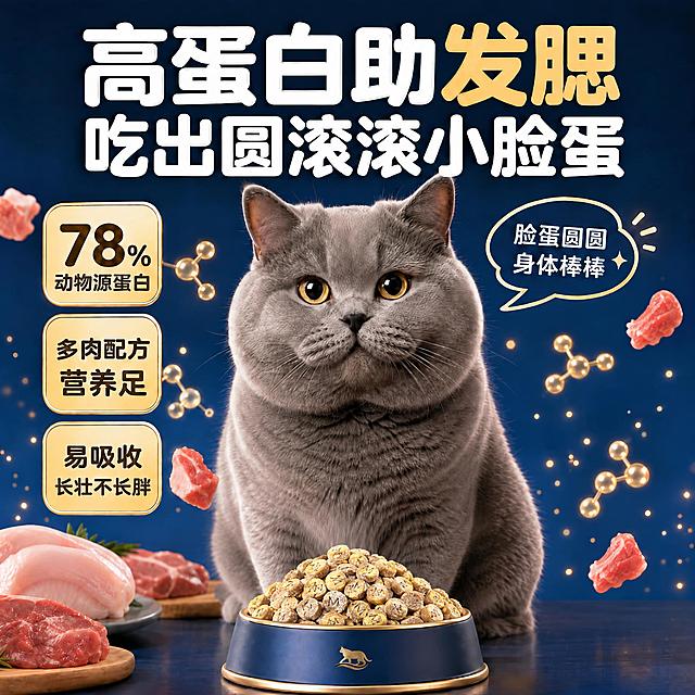 保持画面整体构图、文字、猫咪、肉类食材、碗、背景等所有元素完全不变，仅修改碗中的猫粮：将猫粮替换为参考图image2中的圆形颗粒形状（带W形压纹的圆片状猫粮），颜色调整为浅金黄色，看起来酥脆可口、有食欲，带有轻微蓬松感，其余所有内容保持原样不变