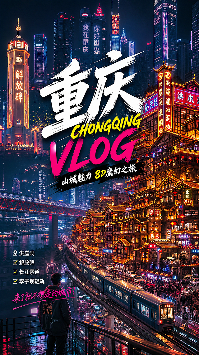 重庆旅游VLOG封面图，包含洪崖洞、解放碑等重庆地标性建筑，赛博朋克风格，山城夜景，层次感强，适合作为视频封面，标题文字突出