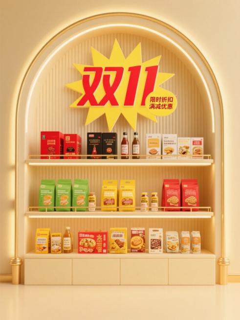 3D渲染风格的电商促销货架展示图，暖金色主色调搭配米黄色背景，顶部弧形灯带提供明亮均匀的正面光源，营造温馨高级的氛围。主体为双层展示货架，货架边缘有精致的金色线条装饰，背景墙为竖条纹肌理设计。上层货架摆放各类包装食品，包括红色和黑色包装盒、瓶装饮品，下层货架有绿色、黄色、红色等不同颜色的袋装和盒装食品，部分食品旁摆放实物效果图，所有商品排列整齐有序，包装色彩鲜艳且清晰可见。画面中显著位置有醒目……预览效果