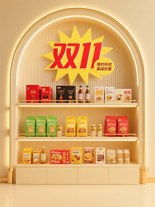 3D渲染风格的电商促销货架展示图，暖金色主色调搭配米黄色背景，顶部弧形灯带提供明亮均匀的正面光源，营造温馨高级的氛围。主体为双层展示货架，货架边缘有精致的金色线条装饰，背景墙为竖条纹肌理设计。上层货架摆放各类包装食品，包括红色和黑色包装盒、瓶装饮品，下层货架有绿色、黄色、红色等不同颜色的袋装和盒装食品，部分食品旁摆放实物效果图，所有商品排列整齐有序，包装色彩鲜艳且清晰可见。画面中显著位置有醒目的“双11”红色艺术字，搭配黄色爆炸形促销标签、“限时折扣”“满减优惠”等促销文案，文字采用无衬线粗体字体，与整体设计风格统一。整体构图采用对称美学，视觉焦点集中在货架中央，信息传达清晰高效，符合电商营销传播的设计感，能快速吸引消费者注意力并传达促销信息。