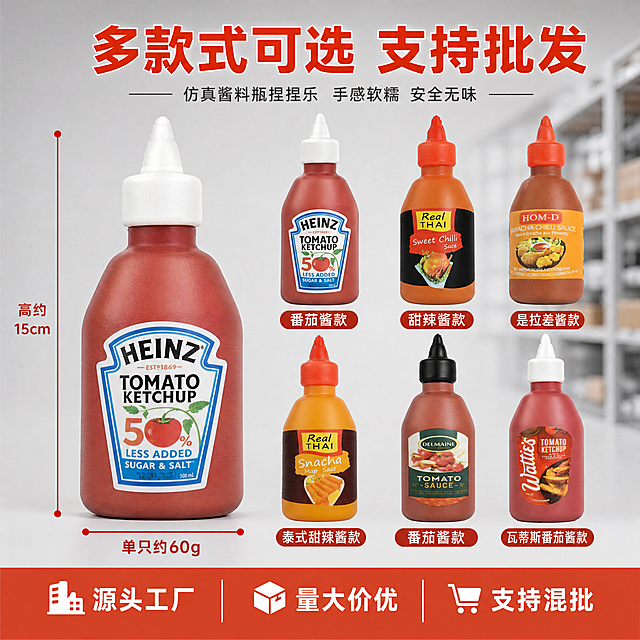 [主图-5] 捏捏乐尺寸规格和款式展示图，清晰展示产品尺寸、重量和多款式选择。
[统一基调] 1688平台B端源头感，真实商业摄影质感，背景为浅灰色渐变+柔和工厂货架元素点缀，主标题用粗黑体红橙色，辅助文字深灰色，强调色为番茄红，整体干净专业，产品清晰突出。
[画面] 画面左侧为一只番茄酱瓶捏捏乐直立放置，旁边有清晰的尺寸标注线，标注高度约15cm，底部标注单只约60g。右侧为款式矩阵展示，整齐排列6款不同造型的酱料瓶捏捏乐，包括番茄酱、甜辣酱、是拉差酱等不同款式，每款下方标注款式名称（如番茄酱款、甜辣酱款、是拉差款等）。整体信息清晰，方便批发选款。主体占画面约70%。
[光影质感] 商业产品摄影质感，产品排列整齐，光影均匀柔和，软胶材质质感真实，标签清晰，尺寸标注规范。
[配色] 背景浅灰渐变，主标题红橙色，辅助文字深灰色，尺寸线和标注用红色，强调色番茄红，整体色彩饱满真实。
[文字版式] 顶部主标题大字：多款式可选 支持批发；左侧尺寸标注：高约15cm 单只约60g；右侧每款下方标注款式名称。底部小字：源头工厂 量大价优 支持混批。文字清晰，排版规整。
[输出要求] 1:1正方形，文字清晰可读，产品清晰不变形，尺寸标注准确，无水印，无平台Logo，无错字，画面干净专业。