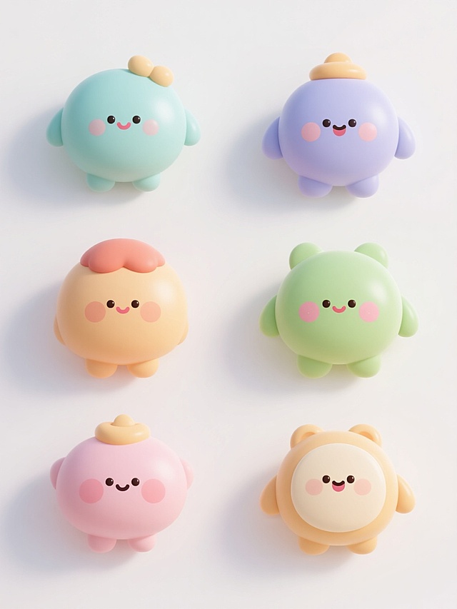 3D风格，六个不同配色、不同材质、不同样式的可爱装饰类元素，每个元素都具有圆润饱满的造型、光滑细腻的表面质感、明亮柔和的高光与自然过渡的阴影，采用简洁明快的色彩搭配，表情生动俏皮，整体排列整齐有序，置于纯白色背景之上，营造出清新可爱、童趣盎然的氛围。
