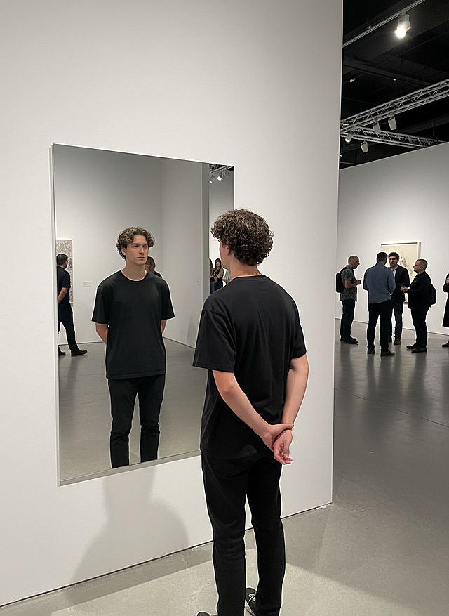 斜拍背面视角，在一个艺术展厅里，参考图人物在欣赏墙上挂着的一面镜子，镜中人物形象与该人物呼应，画要显示完整，远处有其他参观的人，画面是明亮射灯营造的自然氛围。