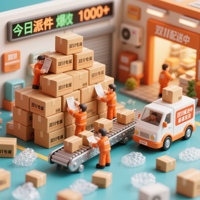 1:100微缩比例的双11快递站场景，迷你快递箱堆成小山，箱子上印有“双11专属”“极速发货”字样，微型传送带正输送包裹，3cm高的快递员人偶穿着橙色工作服忙着贴快递单，旁边停着迷你快递车，车身上有“预览效果