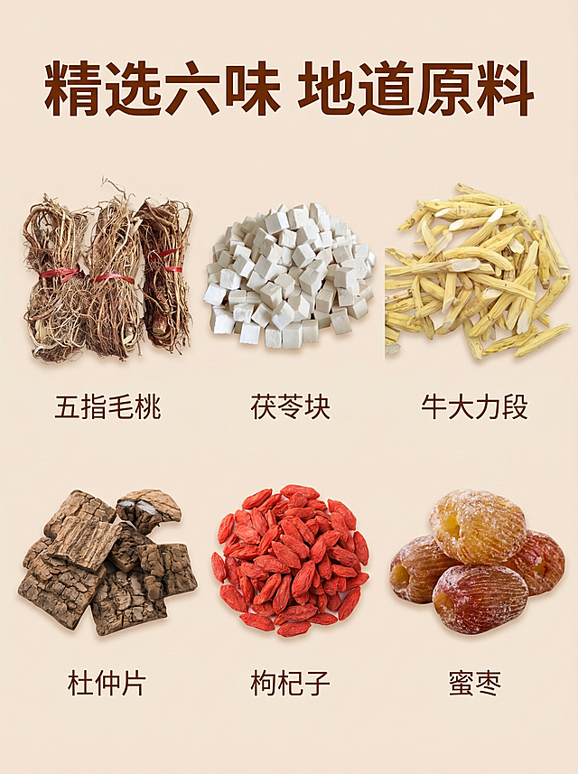 [主图-2] 五物汤核心成分展示图
[氛围风格] 天然原生，真实质感，自然干净
[画质] 商业摄影质感、光线柔和通透、产品清晰真实、画面干净高级
[元素] 将六种原料五指毛桃整捆、茯苓块、牛大力段、杜仲片、枸杞子、蜜枣分区域整齐展示在浅米色背景上，每种原料标注名称，原产品颜色纹理保留，清晰展示每种原料形态。布局清晰分区，不拥挤，保持所有产品外观结构材质颜色与输入原图一致，无变形色差。商品主体占比约75%。
[光影] 均匀柔光，每个产品都清晰受光，纹理细节可见，背景干净明亮。
[配色] 浅米底色，保留食材原生自然色彩，和谐干净。
[视角构图] 俯视平拍，分区排版，满屏无边框，完整展示所有原料
[文字版式] 顶部居中大字标题写"精选六味 地道原料"，深棕粗体，每个原料下方用细小字体标注对应名称，字体不遮挡产品。
[比例分辨率] 3:4比例，2k分辨率，文字清晰，超高清
[负向提示词] 变形，水印，文字错乱，产品图模糊，背景杂乱，颜色失真