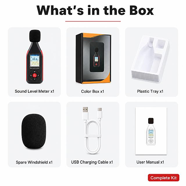 [产品清单图] 数字声级计包装清单，速卖通产品清单图，英文版本，规整的网格布局，简洁专业，白底，无品牌名商标型号。
[画面主体] 画面展示6件包装物品，规整排列成2行3列的网格布局，每件物品放在一个浅灰色圆角卡片内，卡片下方标注物品英文名称和数量。顶部有大标题。物品包括：1) 声级计主机（黑红配色，顶部防风球，彩屏，按键）；2) 产品包装盒（橙黑配色彩盒）；3) 白色内托（塑料吸塑内托）；4) 备用防风球（黑色海绵防风球）；5) USB充电线（白色Type-C充电线）；6) 说明书（白色说明书册子）。**保持主机外观与输入产品图一致，杜绝变形和色差；去除所有品牌名、商标、型号（如BENETECH、GT1355B字样），产品和包装保持干净无标识**。
[构图版式] 顶部大标题 + 2行3列规整网格卡片布局，每行3件物品，每件物品在独立的浅灰色圆角卡片中，卡片大小一致，间距均匀，整体整齐划一，清晰易读。比原图的随意散落布局更规整专业。
[场景元素] 纯白色背景，干净简洁；每个物品放在浅灰色圆角矩形卡片内，卡片有极淡的阴影；整体是标准的电商产品清单图风格。
[文案版式] 所有文字为英文，现代简洁无衬线字体，排版规整。无品牌名、无商标、无型号。顶部居中大标题：大号粗体黑色"What's in the Box"，标题下方有一条细细的红色分隔线。下方6个卡片（2行3列），每个卡片内上方是物品图，下方是物品名称+数量，居中排列：卡片1（主机）："Sound Level Meter x1"；卡片2（包装盒）："Color Box x1"；卡片3（内托）："Plastic Tray x1"；卡片4（防风球）："Spare Windshield x1"；卡片5（充电线）："USB Charging Cable x1"；卡片6（说明书）："User Manual x1"。右下角有一个小小的红色圆角标签，白色字"Complete Kit"。
[光影质感] 柔和均匀的影棚光，每个物品清晰锐利；卡片阴影极淡；整体干净明亮，专业产品摄影质感。
[配色字体] 主色白色背景；辅助色深灰（文字）、浅灰（卡片）；强调色红色（分隔线、标签）；字体为现代简洁无衬线体，标题粗体有力。
[比例分辨率] 1:1 比例，1600x1600，文字清晰锐利，超高清商业设计质感。
[负向提示词] 变形，文字错乱，产品图模糊，背景杂乱，水印，电商平台Logo，科技特效，蓝光，霓虹光，科幻背景，品牌名，商标，中文文字，BENETECH，GT1355B，黑色背景，暗黑风格，金色边框，放射光线，人物，手，随意摆放，散落布局，参考图同款布局，参考图同款角度，3.5mm音频线，多余配件。