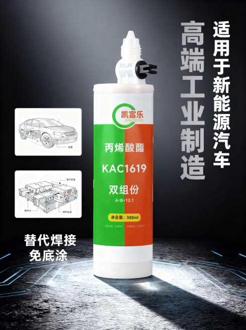 为凯富乐KAC1619高性能双组分丙烯酸酯结构胶黏剂生成一张电商主图，产品替代焊接，可免底涂粘接金属塑料复合材料，适用于新能源汽车和高端工业制造，背景体现工业科技感，突出产品本身，整体干净专业突出产品预览效果
