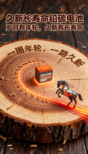 整体构图：年轮剖面占满画面，年轮中心是图片1的发着微光的久新长寿命铅碳电池，标识清晰。年轮纹路由中心向外一圈圈扩散，深灰色带金属质感的铅锂马（图片2的机械马造型，马身融入电池元素，背上有电池纹路，马鬃预览效果