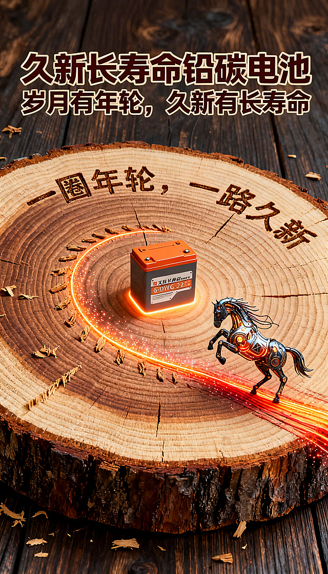 整体构图：年轮剖面占满画面，年轮中心是图片1的发着微光的久新长寿命铅碳电池，标识清晰。年轮纹路由中心向外一圈圈扩散，深灰色带金属质感的铅锂马（图片2的机械马造型，马身融入电池元素，背上有电池纹路，马鬃如电线）在年轮纹路上向前奔跑，它跑过的纹路由原本的木色变为橙色橙红渐变发光效果，形成一条从中心电池连接到铅锂马的发光路径，带有微弱粒子光效表现能量传导，跑过之处溅起微光。色彩：年轮木纹为深棕、浅棕、原木色，纹理细腻；发光路径为橙色到橙红渐变，带有发光效果；中心电池是金属灰加柔和橙光晕；铅锂马深灰色带金属质感，身上有橙色光纹；背景是深色木纹基调，突出橙色路径。文字内容：主文案在上方或中上方为“久新长寿命铅碳电池 岁月有年轮，久新有长寿命”，使用粗衬线体，深褐色；副文案“一圈年轮，一路久新”在年轮上呈现木刻凹刻效果，笔画有木屑感，沿着年轮弧线排列，与年轮融为一体。整体质感：年轮木质纹理细腻清晰。
