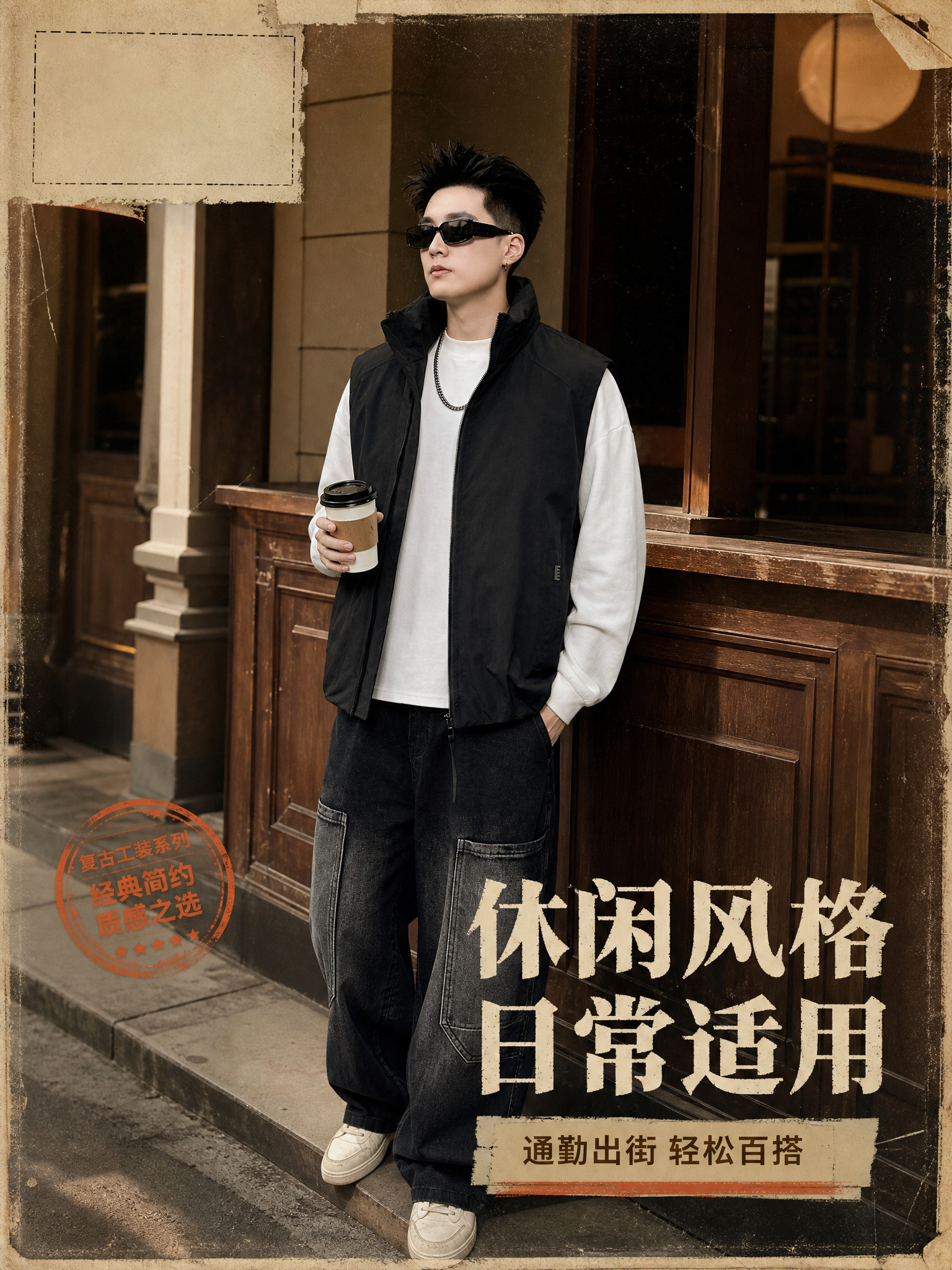 [主图-5] 休闲日常场景图：复古城市街头/咖啡店门口生活化抓… - 图片创意预览