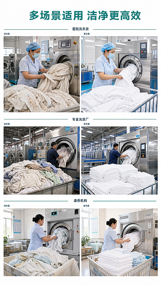 [第6屏] 多场景使用前后极简对比，强力医用布草洗衣粉。
[氛围/风格] 真实作业场景，自然写实，前后对比直观，商业摄影质感，文字精简。
[元素布局] 竖向排列三个使用场景对比，分别为医院洗衣房场景、专业洗涤厂场景、康养机构场景，每个场景分左右小区域，左侧旧方案问题展示，右侧新方案效果展示，人物自然操作工业洗衣机，对比直观清晰，无大段文字。每个场景之间用细蓝线分隔，整体留白充足。
[光影质感] 每个场景采用室内自然光，真实自然，新旧对比明暗适中，操作人物清晰自然，设备纹理真实。
[配色色系] 全局底色：#FFFFFF；分割线蓝绿色：#2A9D8F；标题文字深灰：#264653；场景保持真实环境色彩。
[视角构图] 竖向三分区，每个场景占据约三分之一高度，每个场景左右均分对比区域，平视视角，场景层次清晰。
[文字版式] 顶部主标题"多场景适用 洁净更高效"加粗华康黑体蓝绿色居中；每个场景顶部标注场景名称小字，每个对比区域标注简洁标签"旧方案""新方案"，文字极小不遮挡场景，符合70%场景+30%文字要求。
[比例分辨率] 9:16竖版比例，4K分辨率，文字清晰可辨，超高清。
[负向提示词] 人物变形，场景错乱，文字遮挡主体，颜色偏暗，水印，背景杂乱。