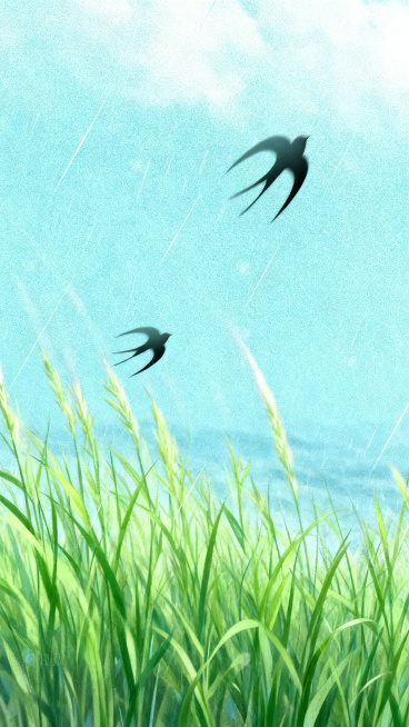 生成类似参考图风格的插画，雨天青蓝色天空下，绿色芦苇草丛，两只黑色燕子飞翔，带有颗粒质感，整体清新治愈的氛围预览效果