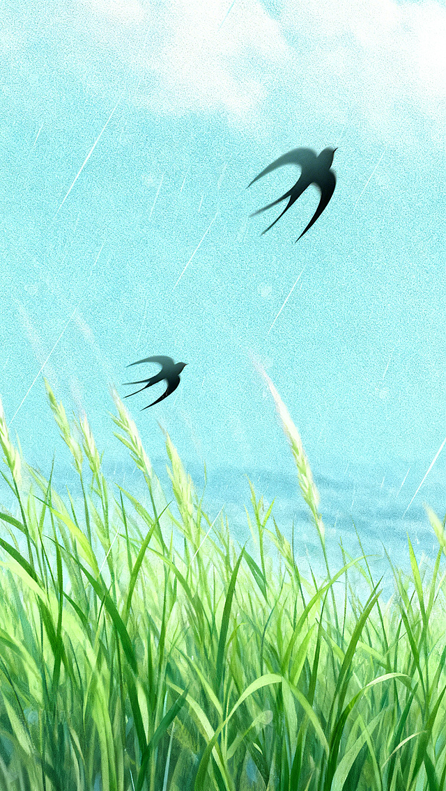 生成类似参考图风格的插画，雨天青蓝色天空下，绿色芦苇草丛，两只黑色燕子飞翔，带有颗粒质感，整体清新治愈的氛围