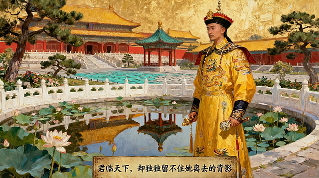 替换图片底部标题文字为"君临天下，却独独留不住她离去的背影"，保留原有古典书法字体风格，保持字体位置和颜色不变，保留原图所有画面内容不变