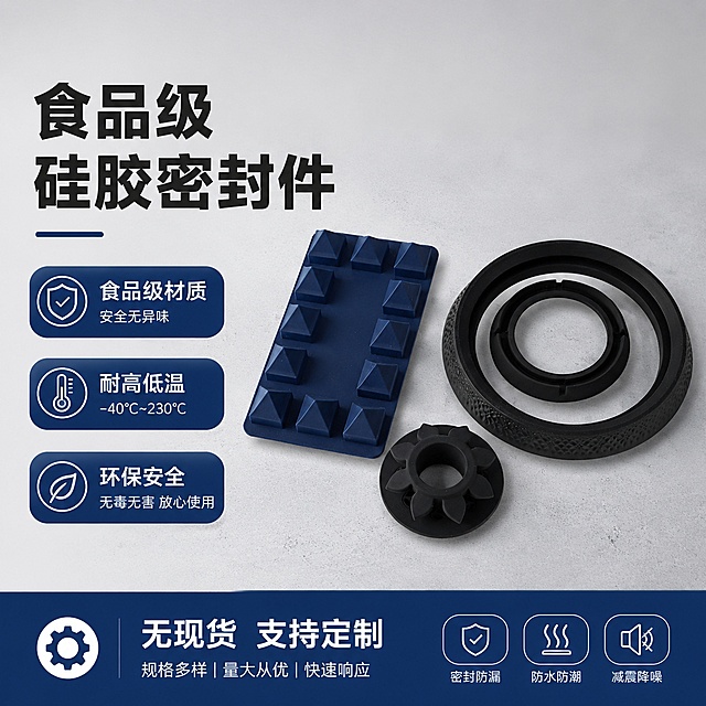 [单张主图] 食品级硅胶密封配件 爆款促销感主图，同时完成点击、理解、信任、转化任务，突出材质和特性。
[画面主体] 三件硅胶配件（深蓝色方块带金字塔凸起硅胶件、黑色花瓣状硅胶件、双环黑色带纹理硅胶圈）共同摆放，主体占比约60%，保持产品外观、物理结构、材质质感、颜色与输入产品图绝对一致，杜绝任何变形和色差，精细化处理。商品主体完整居中，不被文字遮挡。
[构图版式] 采用左文右品标签参数型版式，左侧38%放粗黑主标题和核心卖点，右侧产品放置在浅灰色工业风台面，占比55%，卖点用品牌色标签分区排列，底部放撞色信息条。
[场景元素] 浅灰色渐变背景，干净简约，不抢产品主体。左侧分块排布标题和卖点，底部放深色信息条，右侧放置三件产品，标签圆角清晰。
[文案版式] 左侧主标题大号粗体写“食品级硅胶密封件”，下面分三个胶囊标签：“食品级材质”“耐高低温”“环保安全”，底部信息条写“无现货 支持定制”，文字清晰可读，左对齐，深色背景配白色文字对比强烈。
[光影质感] 主光从左前方打来，辅光从右侧补光，清晰表现硅胶哑光质感，产品下方有柔和自然投影，背景均匀，产品清晰突出，商业摄影超清质感。
[配色字体] 主色浅灰背景，强调色深蓝色（提取产品主色），文字为深灰和白色，字体使用粗黑无衬线，主标题比卖点大2倍，信息层级清晰。
[比例分辨率] 1:1比例 2K分辨率 文字清晰可辨，超高清商业摄影质感。
[负向提示词] 变形，文字错乱，产品图模糊，背景杂乱，水印，电商平台Logo，错字，主体遮挡，低清晰度，错误结构。