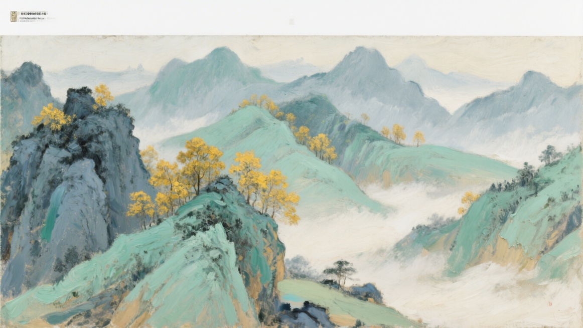 新中式国风山水长卷，层叠起伏的青绿山峦，近处山体用深青灰晕染出岩石肌理，远处山峰渐淡成浅青灰色，营造深远空间感；山腰处点缀成簇的金黄色树木，形成暖色调视觉焦点；山脚下与山谷间弥漫着朦胧的米白色云雾，柔预览效果