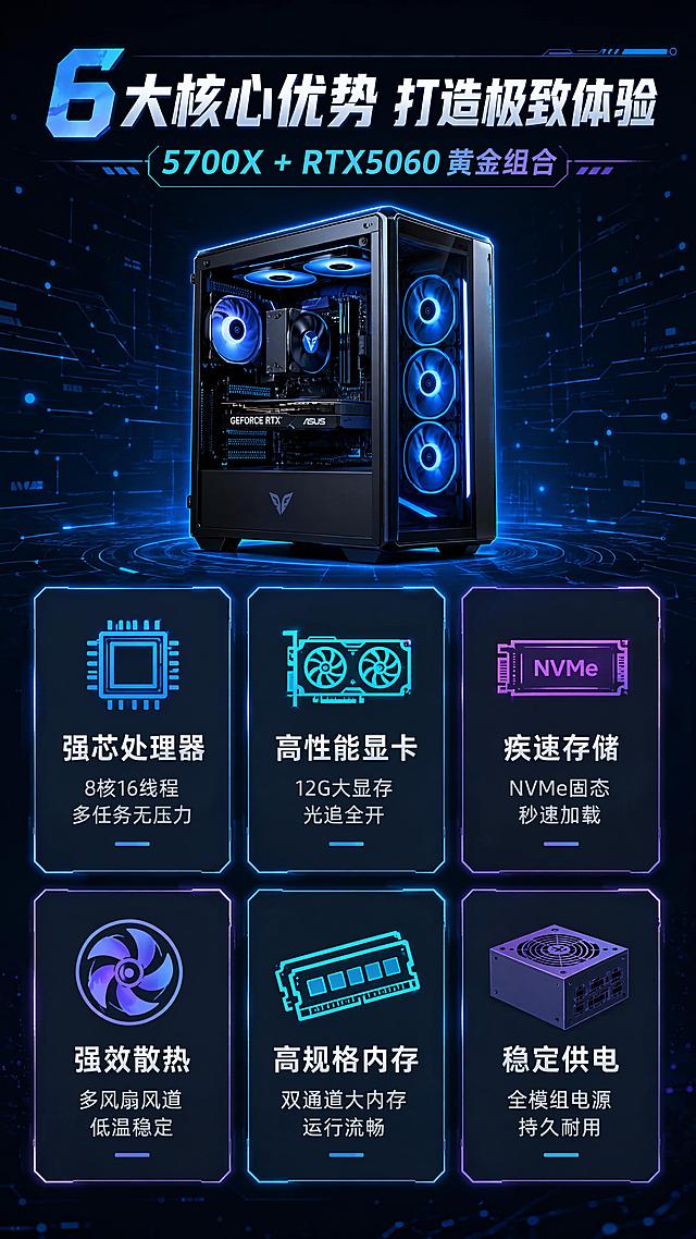 [第3屏] 核心卖点总览-5700X+5060游戏主机6大性能优势。本屏为文生图，生成电竞主机缩略图配合卖点卡片。
[氛围/风格] 深色科技风，卡片式布局，信息层级清晰，专业硬核感。
[元素布局] 画面顶部为标题区，中间偏上放置一台小型电竞主机渲染图，占比约25%；下方6个卖点卡片分2行3列排列，每张卡片有图标+标题+简短说明；卡片之间有发光分割线，背景有科技网格和粒子光效。
[光影质感] 均匀冷光照明，卡片边缘有微光描边，主机有柔和轮廓光，整体明亮清晰，信息易读。
[配色色系] 全局底色 #0F172A 深蓝黑；主色 科技蓝#3B82F6；辅助色 霓虹青#06B6D4、紫色#8B5CF6；卡片底色 深灰#1E293B。
[视角构图] 正面俯视排版，主机在上居中，6卡片矩阵排列，阅读动线从上到下、从左到右。
[文字版式] 顶部主标题「6大核心优势 打造极致体验」，副标题「5700X + RTX5060 黄金组合」；6张卡片分别为：「强芯处理器」8核16线程 多任务无压力、「高性能显卡」12G大显存 光追全开、「疾速存储」NVMe固态 秒速加载、「强效散热」多风扇风道 低温稳定、「高规格内存」双通道大内存 运行流畅、「稳定供电」全模组电源 持久耐用；每张卡片上方有对应图标，文字清晰，卡片有渐变边框。
[比例分辨率] 9:16 竖版比例，4K分辨率，文字清晰可辨，高清画质。
[负向提示词] 文字错乱，文字过小，水印，卡片变形，颜色偏差，背景杂乱。