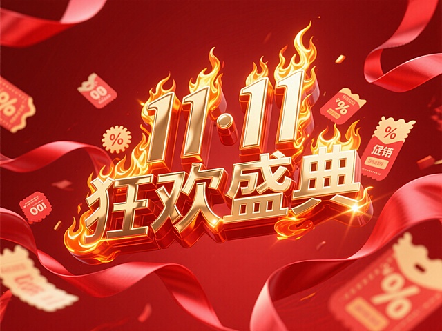 3D鎏金大字燃焰设计，红绸飞舞，促销标签环绕，营造喜庆热烈的双11狂欢氛围。