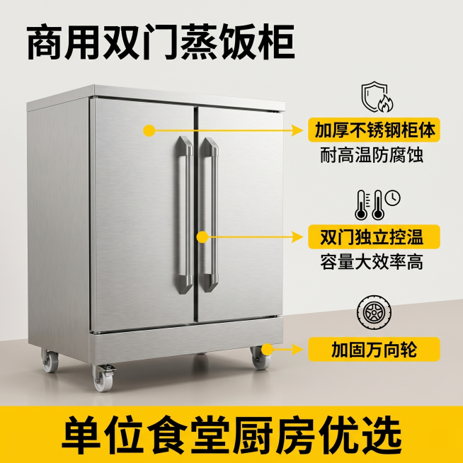 [主图-2] 核心材质卖点展示图
[氛围风格] 专业技术展示风格，清晰通透，突出工艺
[画质] 商业摄影质感，光线柔和通透，产品清晰真实，画面干净高级
[元素] 选取原图中的蒸饭柜作为主体，放大展示主预览效果
