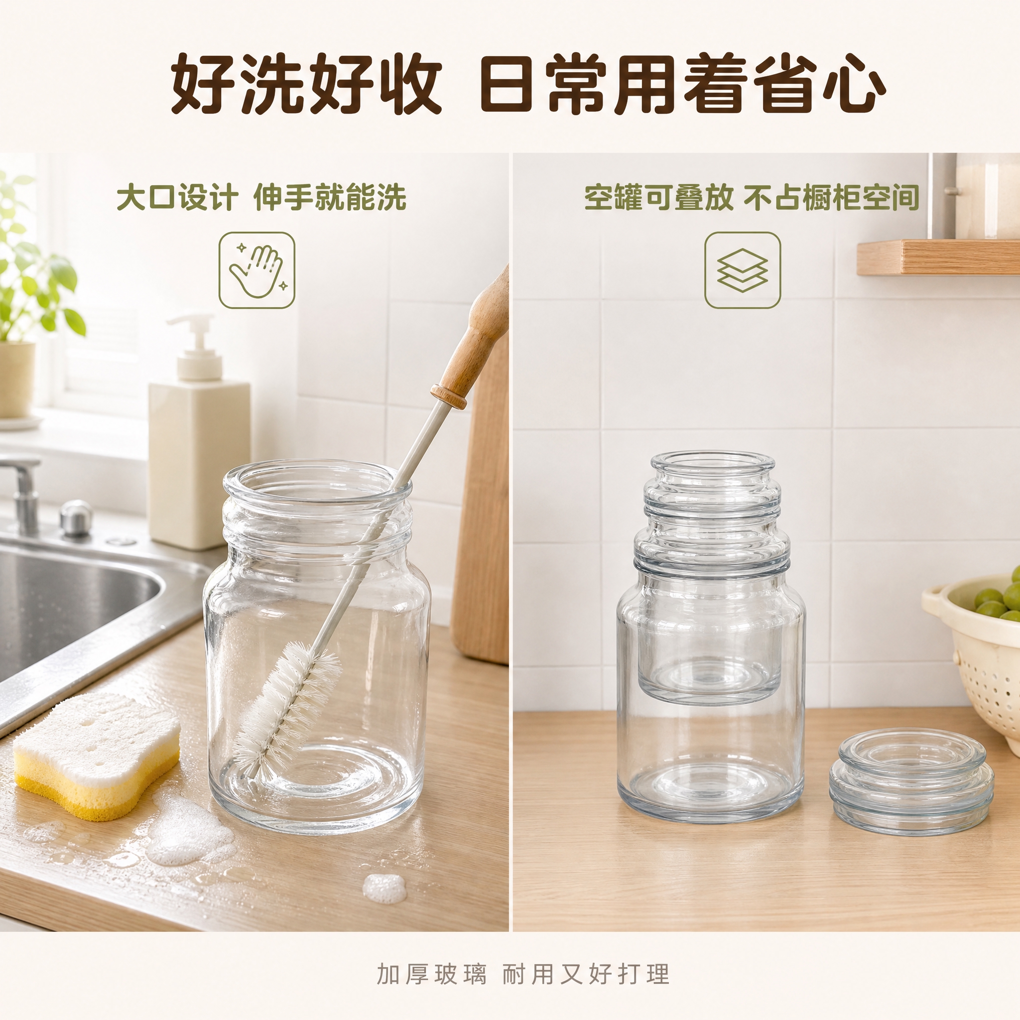[主图-8] 清洁维护与日常保养图，展示玻璃罐易清洗、可叠放收… - 图片创意预览