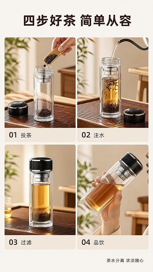[第4张] 详情页功能演示-茶水分离泡茶四步过程。本张使用【图1】作为产品主体，演示泡茶过程，保持杯身外观一致。
[氛围/风格] 清新雅致中式茶风，四宫格步骤演示，暖调自然光感，商业摄影质感。
[元素布局] 画面为2×2四宫格布局，每格展示一个泡茶步骤：第1格「投茶」-打开杯盖放入干茶叶；第2格「注水」-冲入沸水，茶叶舒展；第3格「过滤」-茶漏隔离茶叶，茶汤金黄透亮；第4格「品饮」-端杯品饮，茶汤清澈无茶渣；每格中杯子角度略有不同，展示操作过程。
[光影质感] 暖黄色自然光从左上方照射，茶汤通透有光泽，玻璃高光自然，整体温暖明亮。
[配色色系] 全局底色 #F8F4EC 暖米白；主色透明玻璃+金黄茶汤；辅助色深棕茶叶、木色茶盘、绿色点缀。
[视角构图] 2×2四宫格拼图，阅读动线顶部标题 → 从左到右从上到下四步流程。
[文字版式] 顶部主标题「四步好茶 简单从容」，深棕色黑体加粗；每格底部有步骤编号+名称：「01 投茶」「02 注水」「03 过滤」「04 品饮」，深灰色字配浅米色底条；底部右侧小字「茶水分离 浓淡随心」。
[比例分辨率] 9:16 竖版比例，4K 分辨率，文字清晰可辨，高清画质。
[负向提示词] 变形，水印，文字错乱，杯身结构错误，颜色偏差，步骤不清。