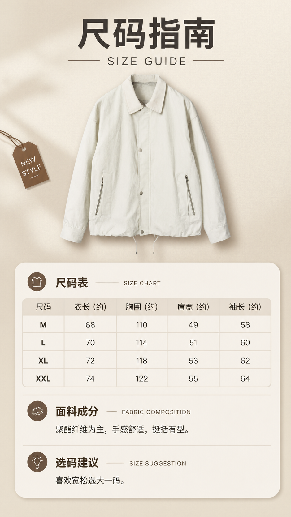[商品] 使用【图1】米白色翻领休闲夹克；商品处理：保留翻领、… - 图片创意预览