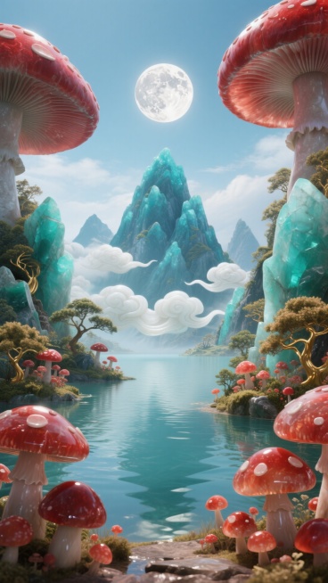 画面中所有物体都是玉质，前景是很多大小不同的红色玉质蘑菇，两侧层峦起伏，长满巨大的红色，青色玉质蘑菇和玉质灌木，以金色勾勒细节。画面中间可以看到玉质平静湖面，青色玉质山峰前有白色玉质祥云，玉质月亮在画预览效果