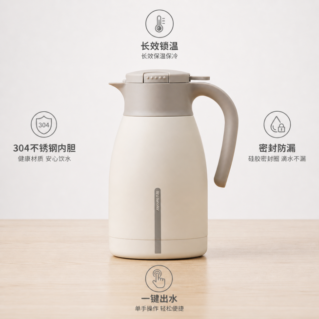 [主图-2] 保温壶核心功能卖点展示图
[氛围风格] 简约干净 明亮通透
[画质] 商业摄影质感、光线柔和通透、产品清晰真实、画面干净高级
[元素] 保持保温壶外观物理结构、材质质感、米白拼浅灰颜色与预览效果