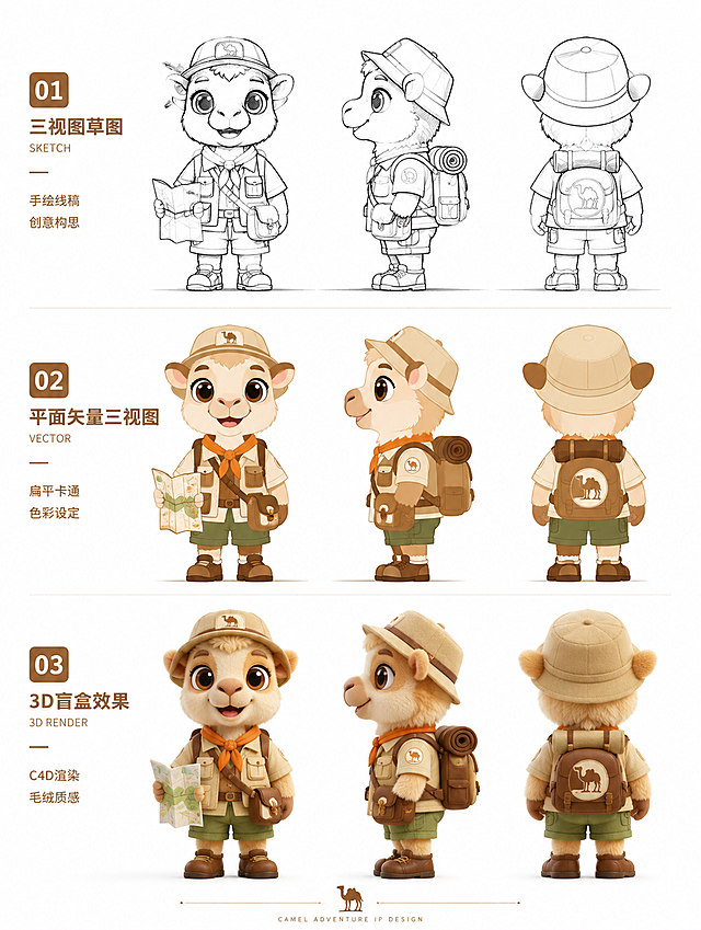竖版3比4IP设计进化过程展示图，从上到下分三步：第一步是三视图草图（手绘线稿风格，可爱骆驼三视图），第二步是平面矢量三视图（扁平化卡通风格，白棕色骆驼穿户外服饰），第三步是3D盲盒渲染效果（C4D渲染，毛绒质感，柔和灯光，超级细节）。主体是可爱的白棕色骆驼拟人化IP，微笑，大眼睛，穿着探险户外夏季服饰，服饰上有骆驼标志，手持地图，积极向上。干净白色背景，每一步有标注文字，版式精美，专业设计展示稿
