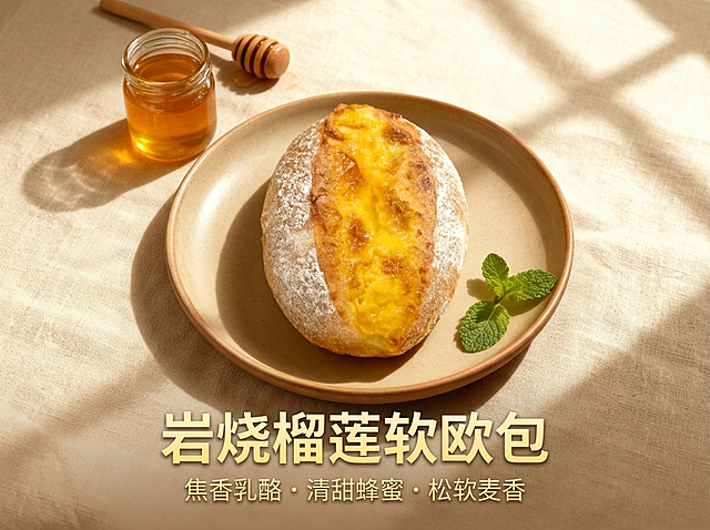 4:3横版电商详情首屏，自然治愈日系侘寂融合风，暖调自然光下，蜂蜜乳酪软欧包置于浅陶土餐盘上，背景为浅米色棉麻餐布，搭配蜂蜜罐与薄荷叶点缀，严格还原产品图细节，包括面包蜂蜜乳酪顶、糖粉纹理、松软白面包体，产品尺寸比例保持1:1。添加文字，主标题“岩烧榴莲软欧包”使用低饱和暖黄渐变无衬线粗体，副标题“焦香乳酪・清甜蜂蜜・松软麦香”使用同色系细体，居中对称排版，文字位于画面中下部，整体画面温暖治愈，突出产品整体质感与食欲感，字体风格统一为无衬线极简文字+低饱和渐变，粗细对比排版，搭配薄阴影文字，画面高清、质感高级，无割裂感