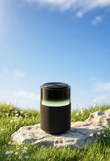 写实风格，图1产品置浅灰色粗糙岩石表面，地面是翠绿草地与小白花点缀的自然场景中，背景是纯净渐变蓝天；音响灯光为符合背景的淡绿色，岩石表面粗糙纹理清晰，草地柔软蓬松、光影自然；配色以暖金、清新绿、纯净蓝预览效果