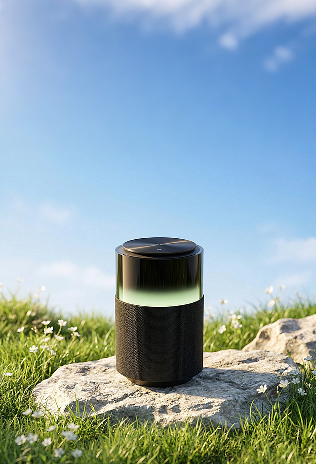 草地上，玻璃风透明机身透出清新绿光，重拟物设计呼应虚拟自然，简约主义美学带来舒适感官体验。