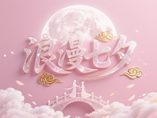 整体画面是粉色系，立体汉字"浪漫七夕"以行云流水的连笔书法呈现浮雕造型，仿和田玉材质透出温润光泽，笔划边缘包裹24K金箔祥云纹路，居中正视图，对称仰视构图，背景是圆圆的月亮映衬着牛序和织女鹊桥相会的场影，前景设置一朵朵白云飘向天空，添加粒子光效与动态模糊技术，运用C4D雕刻多层立体字结构，Octane渲染器实现金属反光与透明玻璃质感，8K狂欢场景，C4D建模，OC渲染，16K高分辨率。